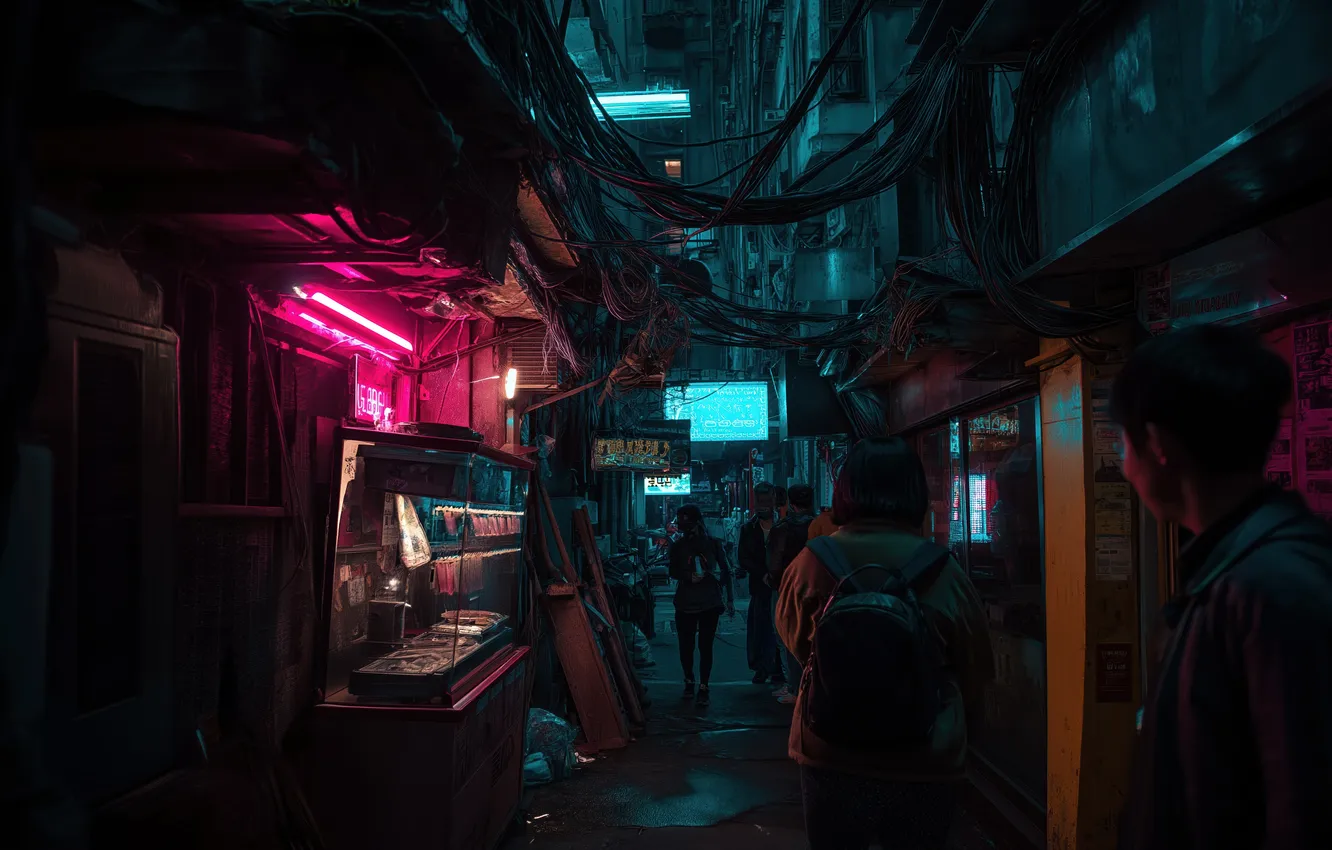 Фото обои ночь, город, неон, dark, переулок, киберпанк, neon, cyberpunk