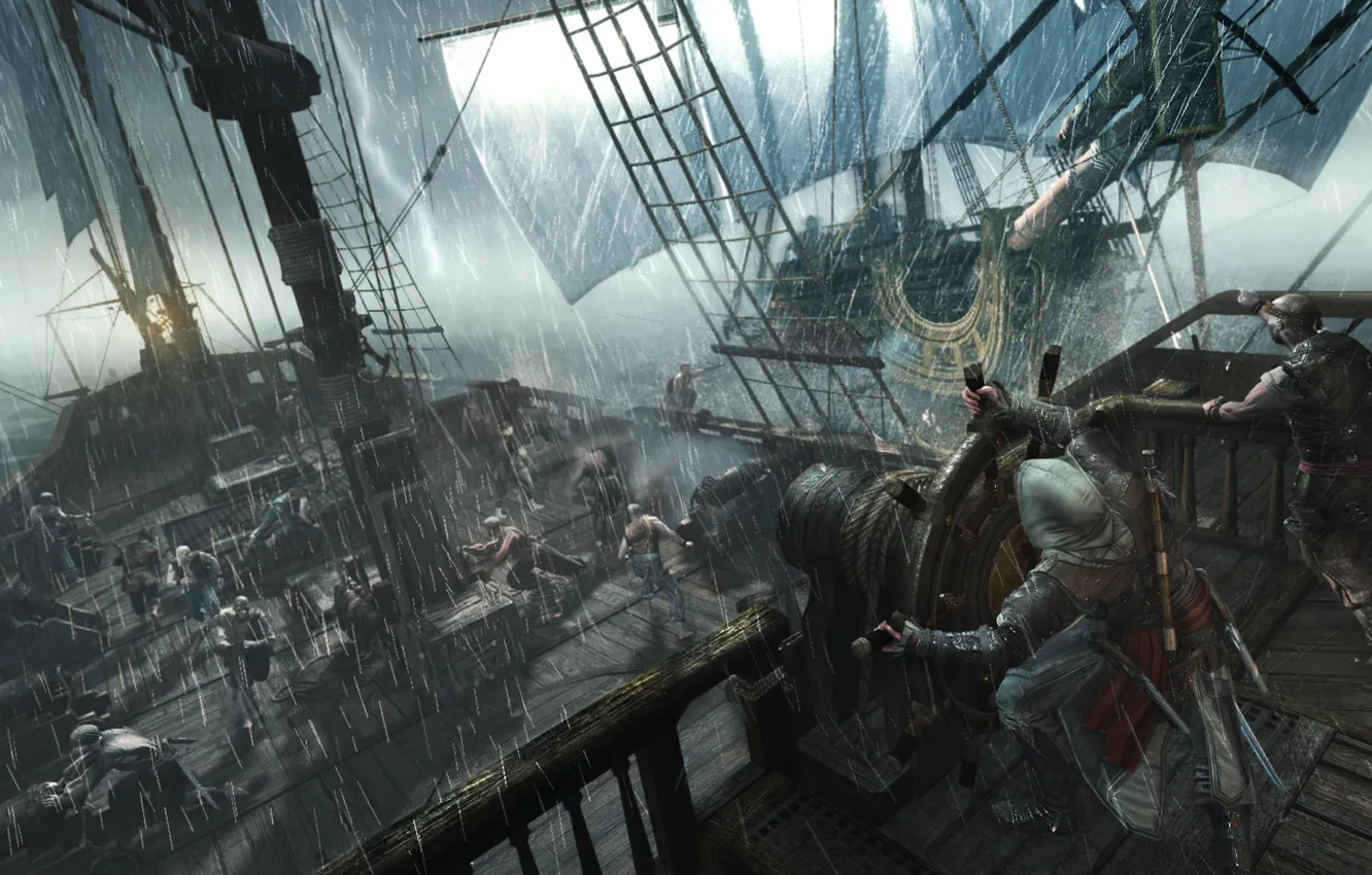 Фото обои шторм, дождь, корабль, пираты, убийца, ассасин, Эдвард Кенуэй, Assassin's Creed IV: Black Flag