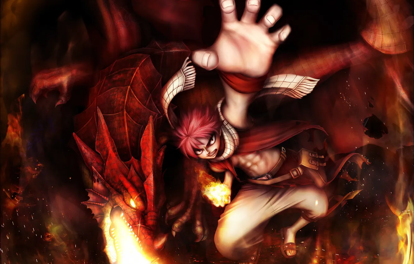 Фото обои огонь, дракон, аниме, арт, парень, fairy tail, сказка о хвосте феи, natsu dragneel