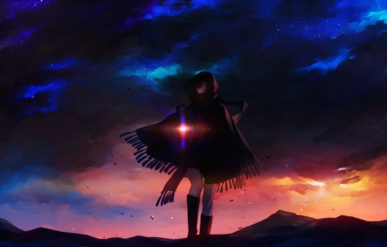 Фото обои небо, девушка, звезды, облака, свет, закат, аниме, шарф