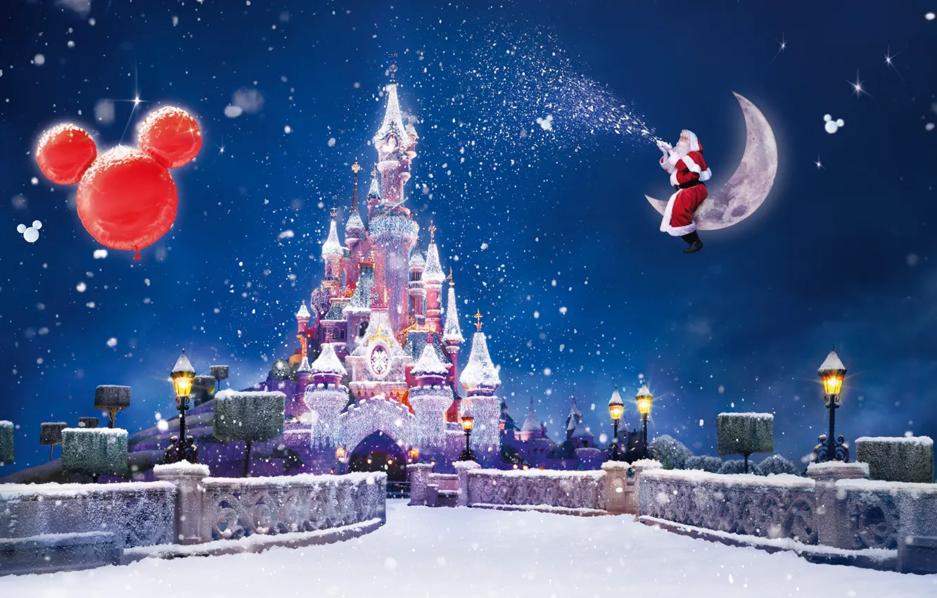 Фото обои снег, огни, замок, праздник, волшебство, луна, Париж, Рождество
