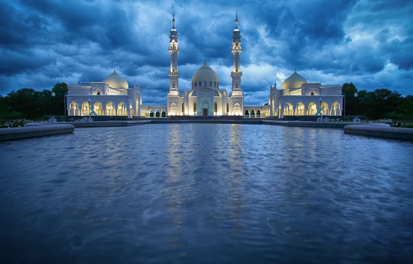 Фото обои вода, облака, пейзаж, огни, сумерки, Татарстан, ак (белая) мечеть, Булгар