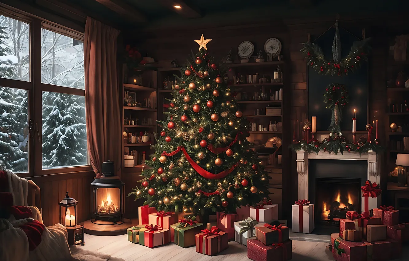 Фото обои украшения, комната, елка, интерьер, Рождество, подарки, Новый год, Christmas
