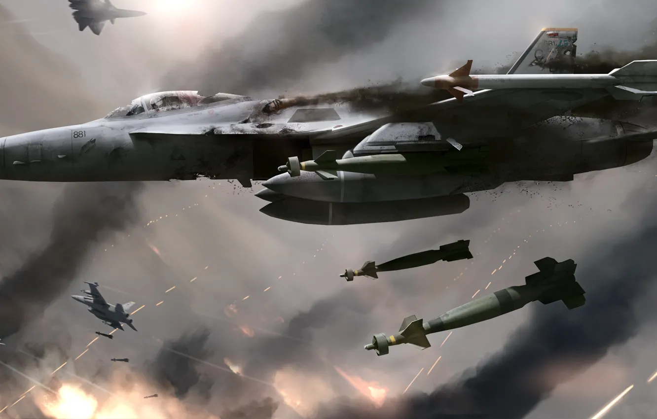 Фото обои дым, арт, самолеты, истребители, битва, в небе, снаряды