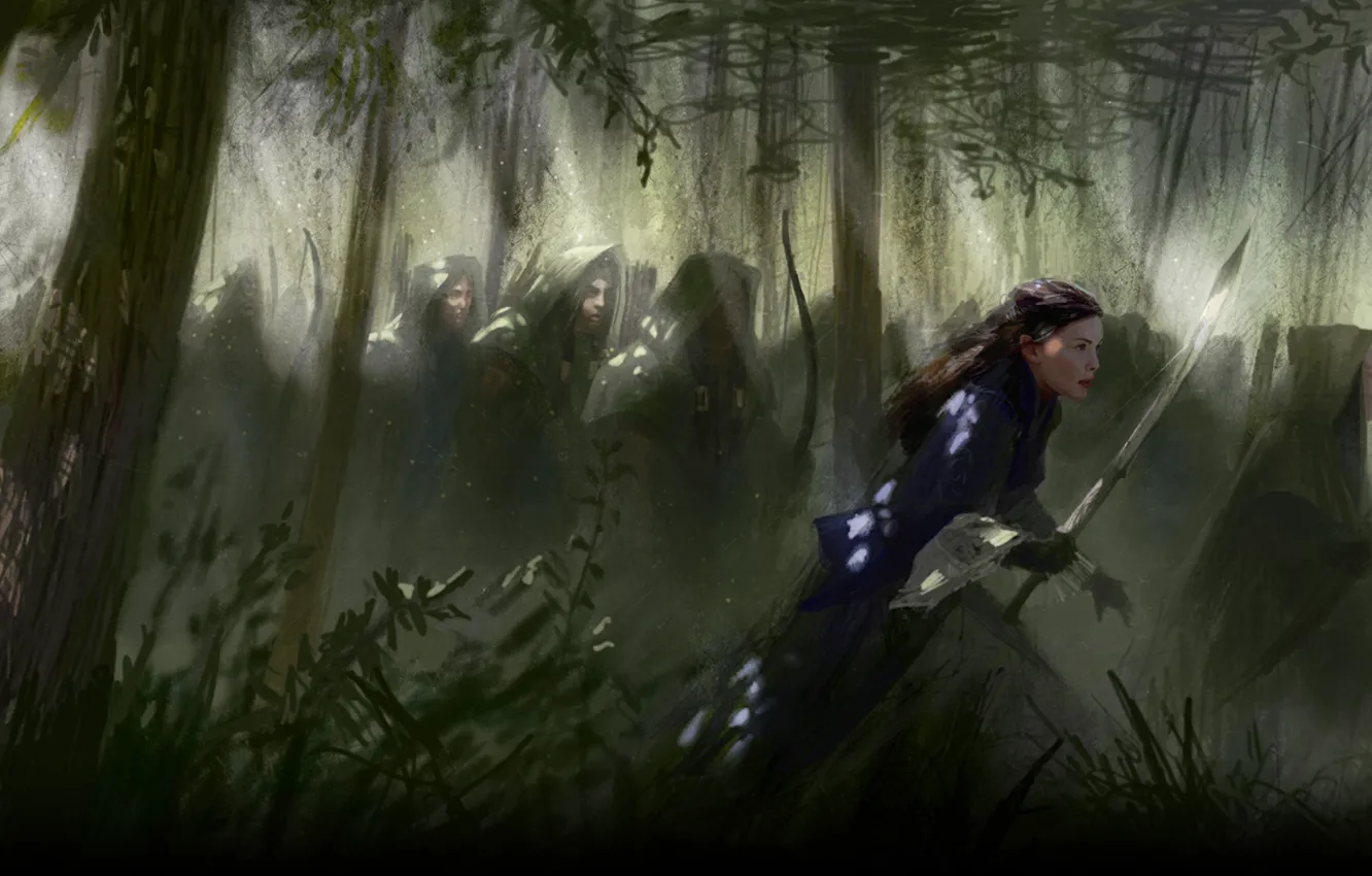 Фото обои лес, девушка, меч, лук, арт, эльфы, капюшон, плащ