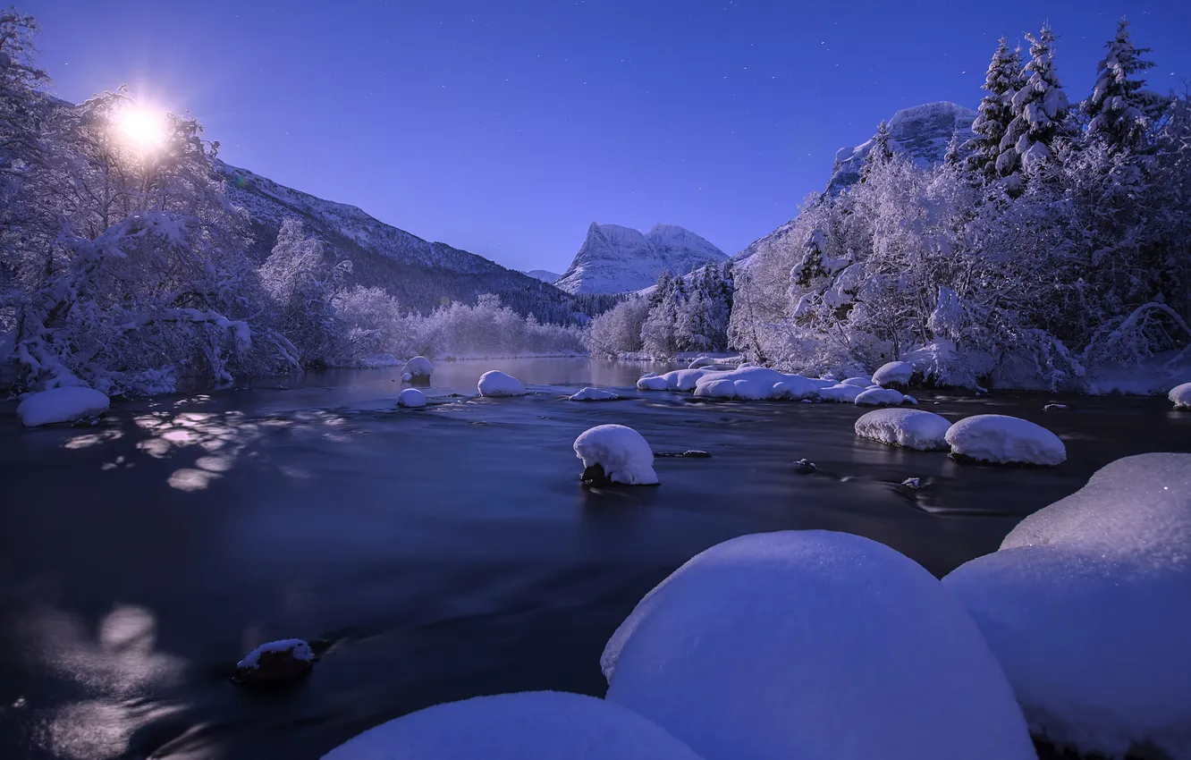 Фото обои зима, снег, горы, река, Норвегия, Norway