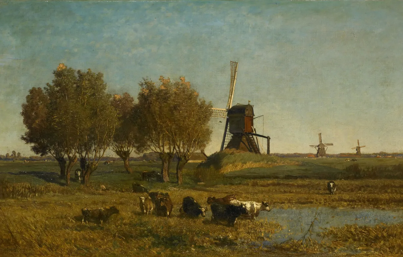Фото обои деревья, ручей, картина, Поль Жозеф Константин Габриэль, Пейзаж с тремя Ветряными Мельницами