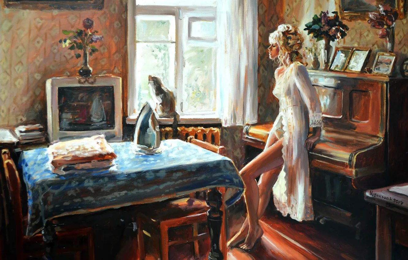 Фото обои girl, art, flowers, piano, window, painting, interior, blonde