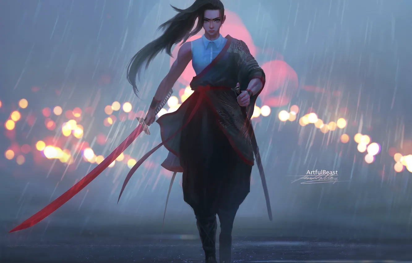 Фото обои girl, sword, fantasy, rain, weapon, blue eyes, ponytail, katana