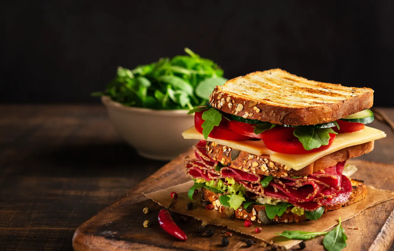 Фото обои бутерброд, сэндвич, салями, овощами, сыром