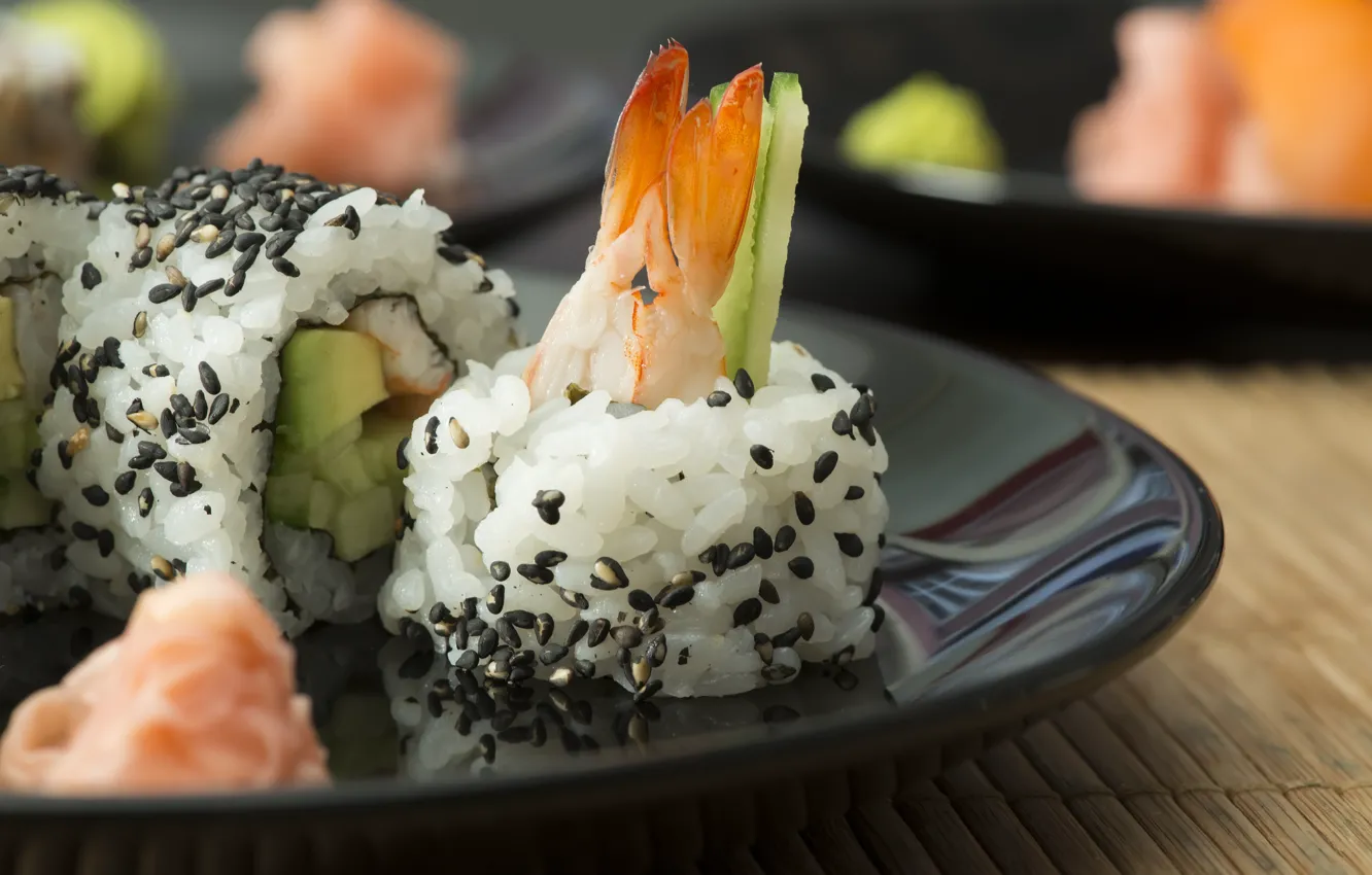 Фото обои rolls, sushi, суши, роллы, креветки, японская кухня, shrimp, Japanese cuisine