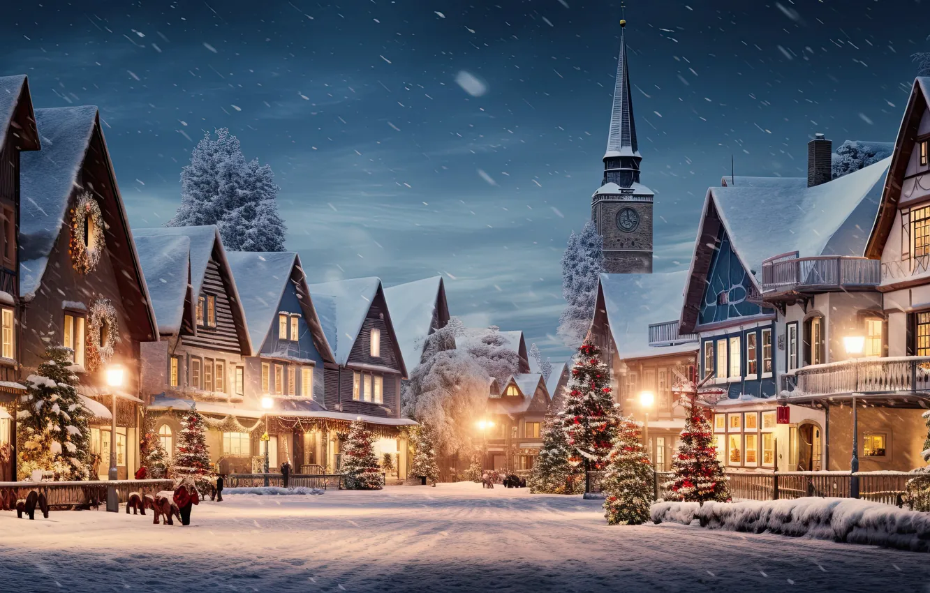 Фото обои зима, снег, украшения, ночь, город, lights, улица, елка