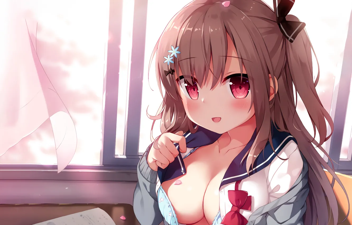 Фото обои girl, sexy, cleavage, school uniform, long hair, brown hair, boobs, anime