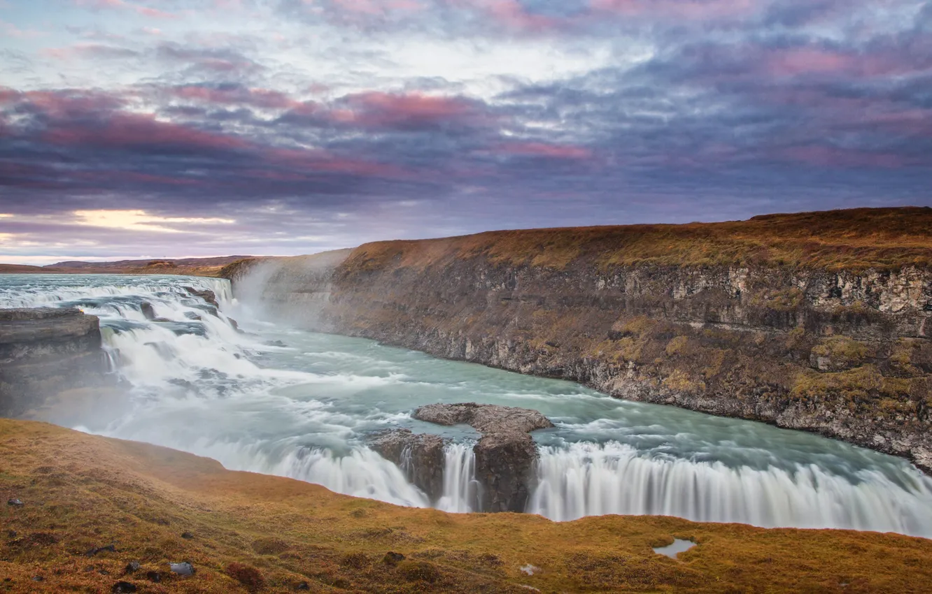 Фото обои небо, облака, река, водопад, ущелье, Исландия