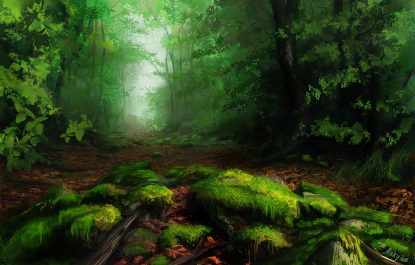 Фото обои зелень, лес, деревья, мох, нарисованный пейзаж