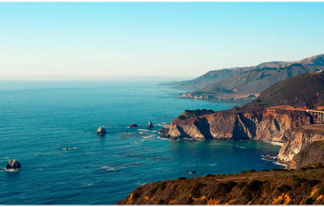 Фото обои холмы, Калифорния, утесы, бухты, Big Sur, мост Биксби, хвойные леса, потрясающий ландшафт
