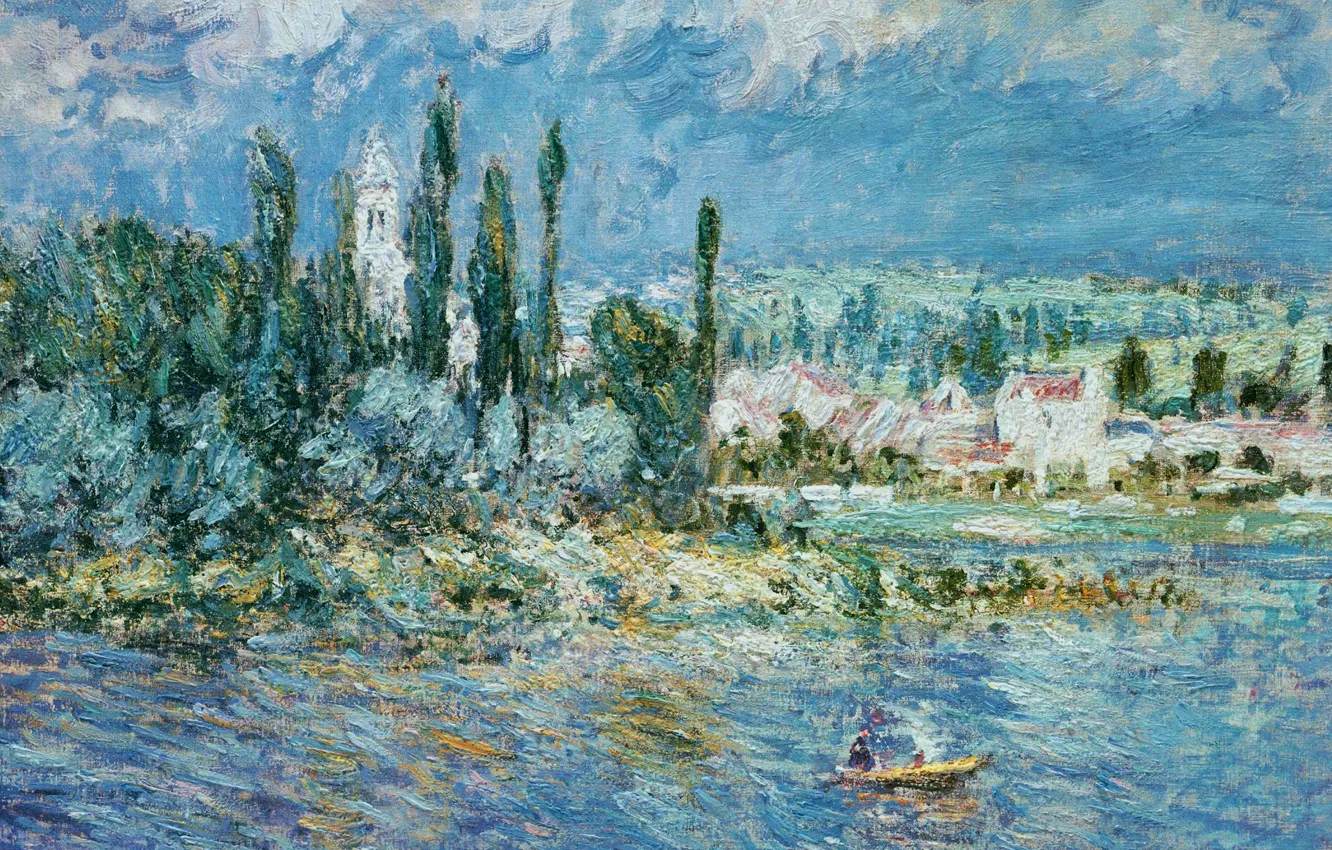 Фото обои деревья, лодка, дома, картина, Клод Моне, Пейзаж с Грозой