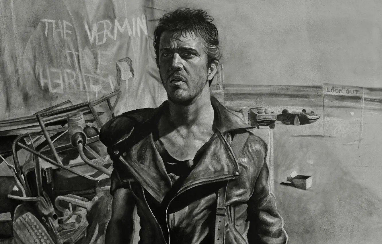 Фото обои рисунок, Mel Gibson, Воин дороги, Мел Гибсон, Mad Max 2, Безумный Макс 2