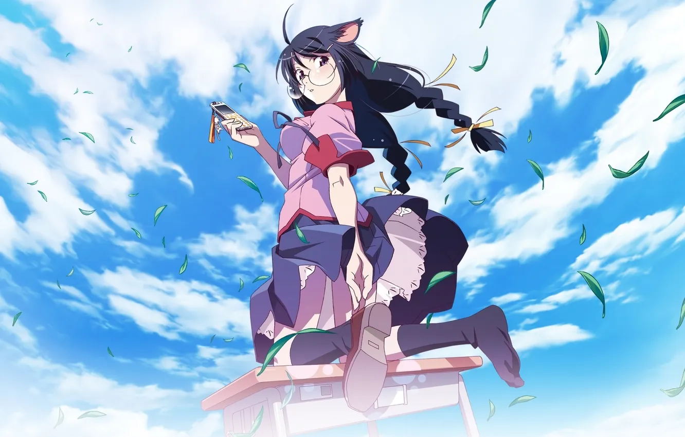 Фото обои небо, девушка, аниме, уши, неко, bakemonogatari, Tsubasa Hanekawa, Цубаса Ханэкава