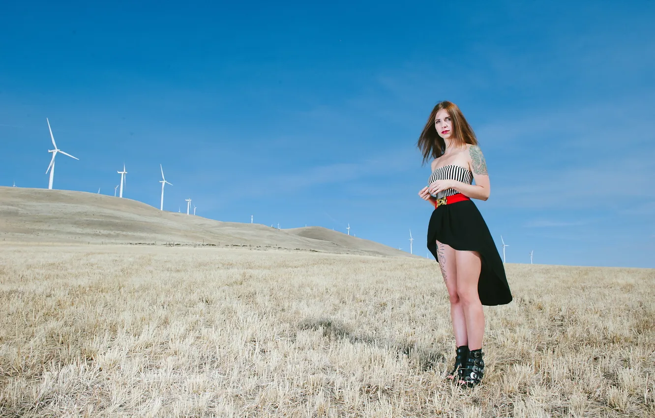 Фото обои поле, девушка, ветряки