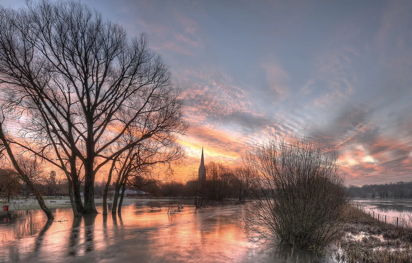 Фото обои Cathedral, water, Wiltshire, Salisbury, floods