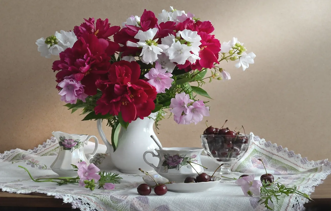 Фото обои цветы, вишня, посуда, ваза