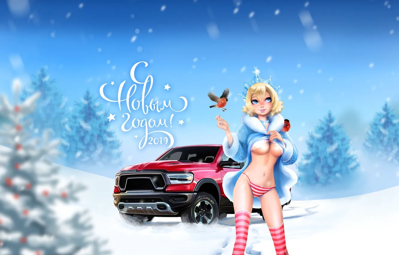 Фото обои Девушка, Снег, Додж, Dodge, Автомобиль, Ёлки, Ram, С Новым Годом