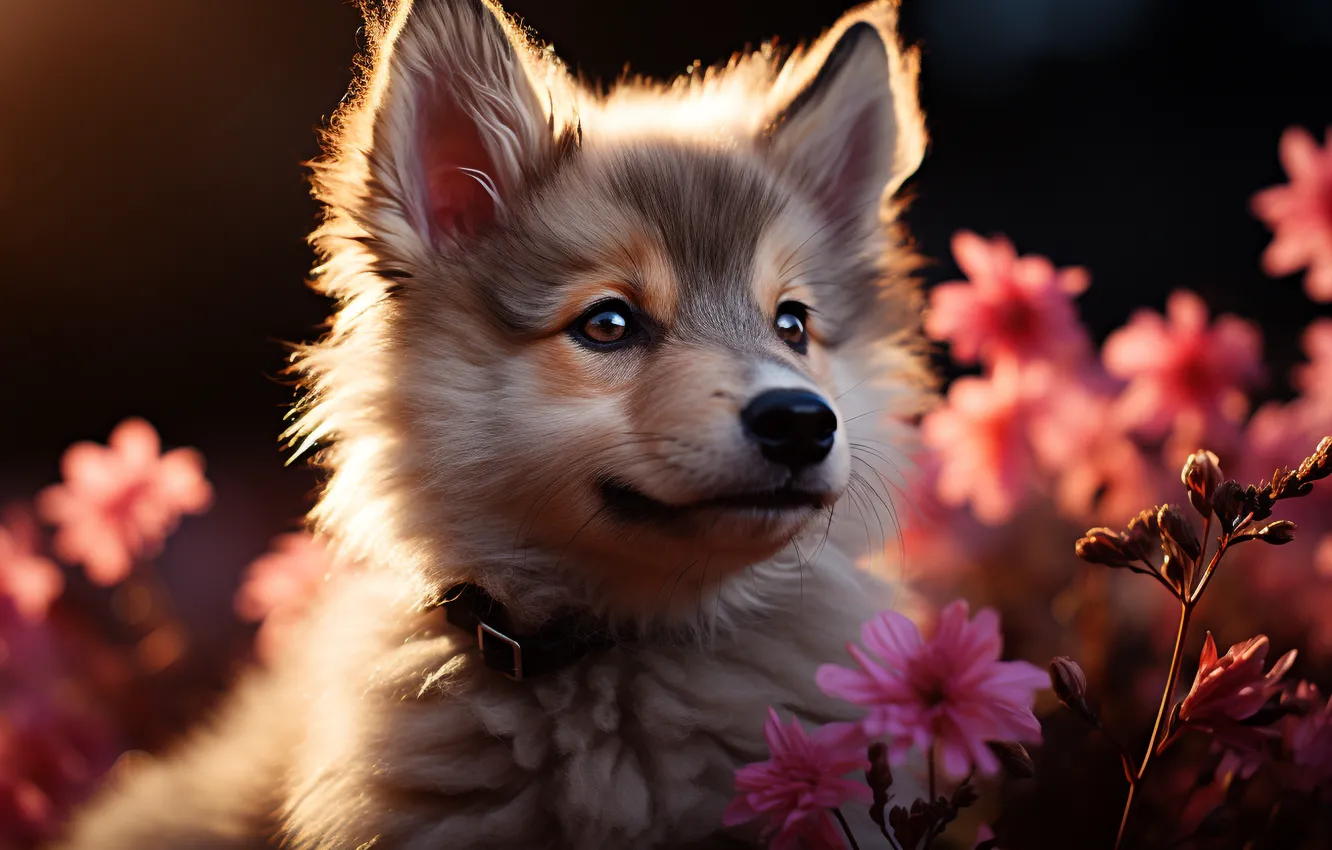 Фото обои цветы, собака, щенок, ИИ-арт, нейросеть
