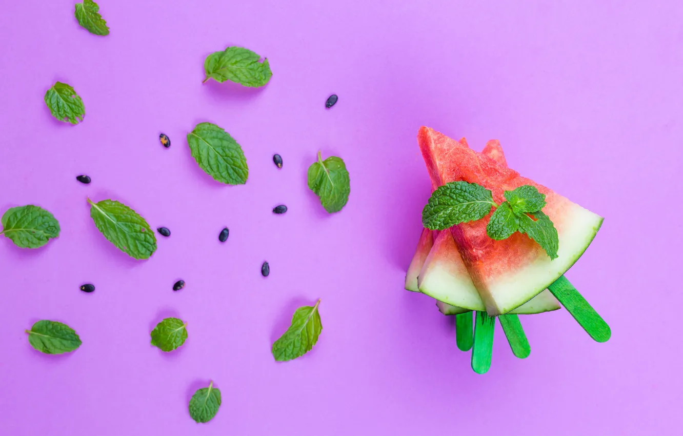 Фото обои Арбуз, мята, mint, Watermelon, дольки семена, slices seeds