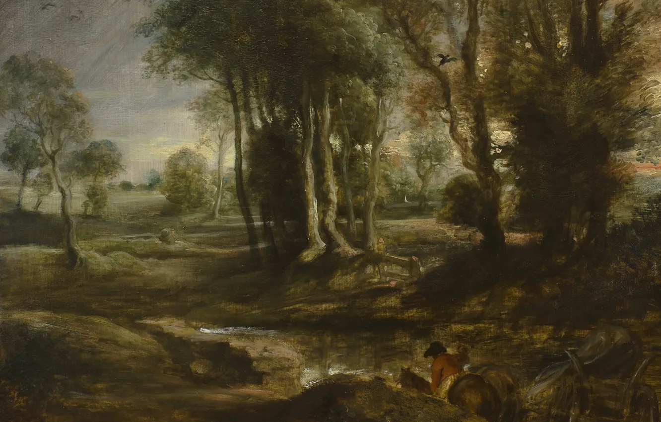 Фото обои деревья, картина, Питер Пауль Рубенс, Pieter Paul Rubens, Вечерний Пейзаж с Телегой