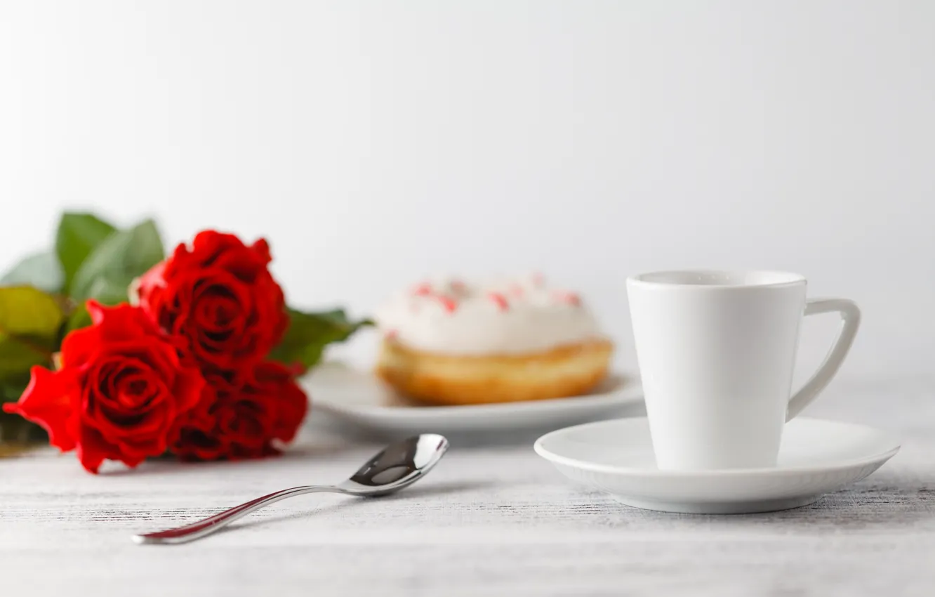 Фото обои кофе, розы, чашка, пончик, Andrey Cherkasov