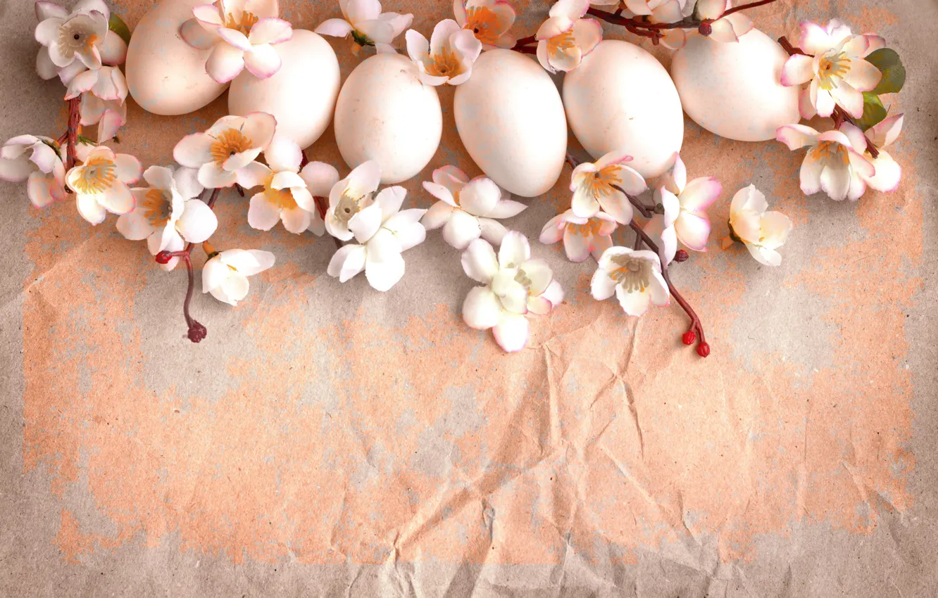 Фото обои цветы, ветки, бумага, праздник, яйца, весна, Пасха, винтаж