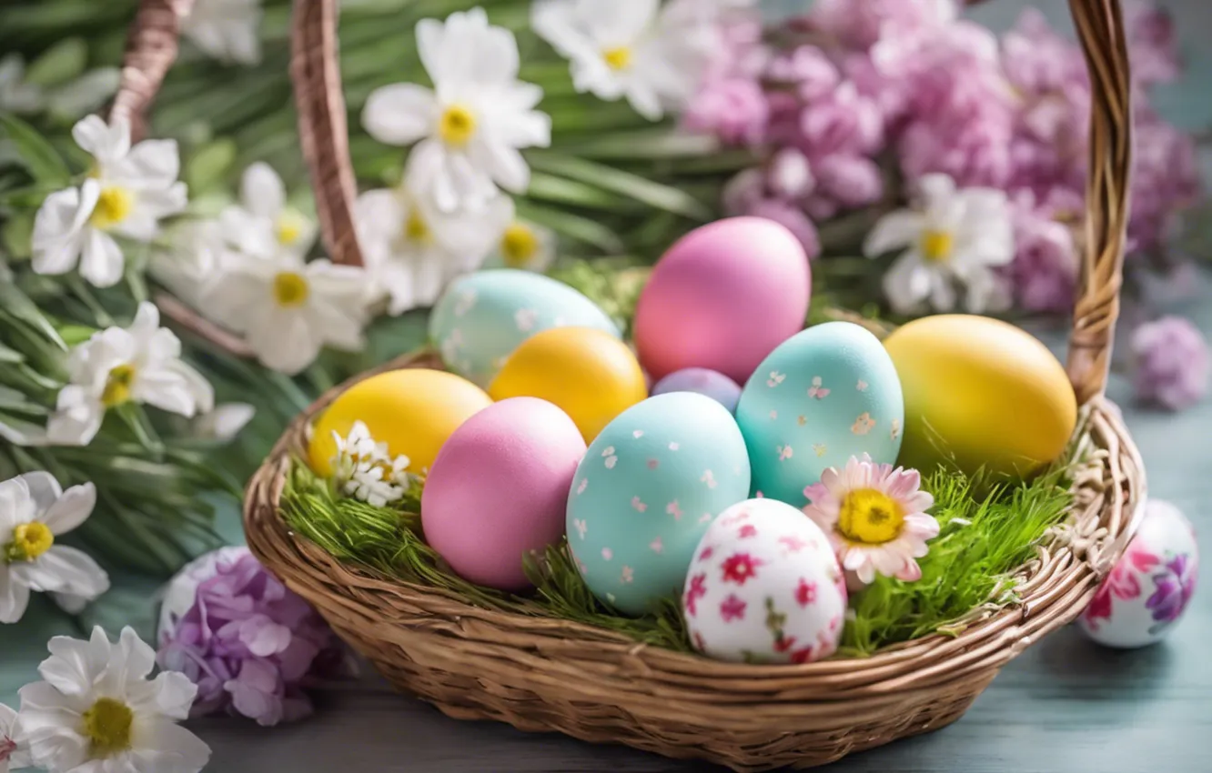 Фото обои цветы, яйца, весна, colorful, Пасха, happy, flowers, spring
