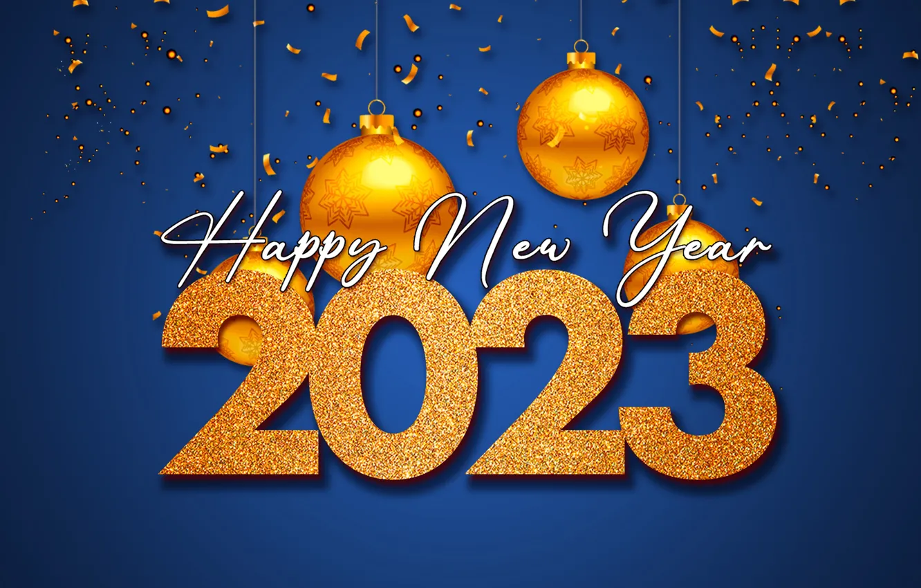 Фото обои золото, шары, Новый Год, цифры, golden, happy, balls, New Year