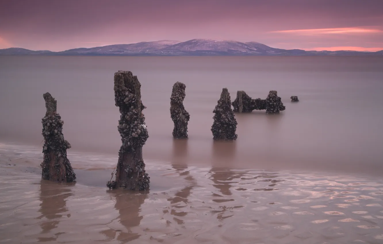 Фото обои море, закат, горы, скалы, колонны