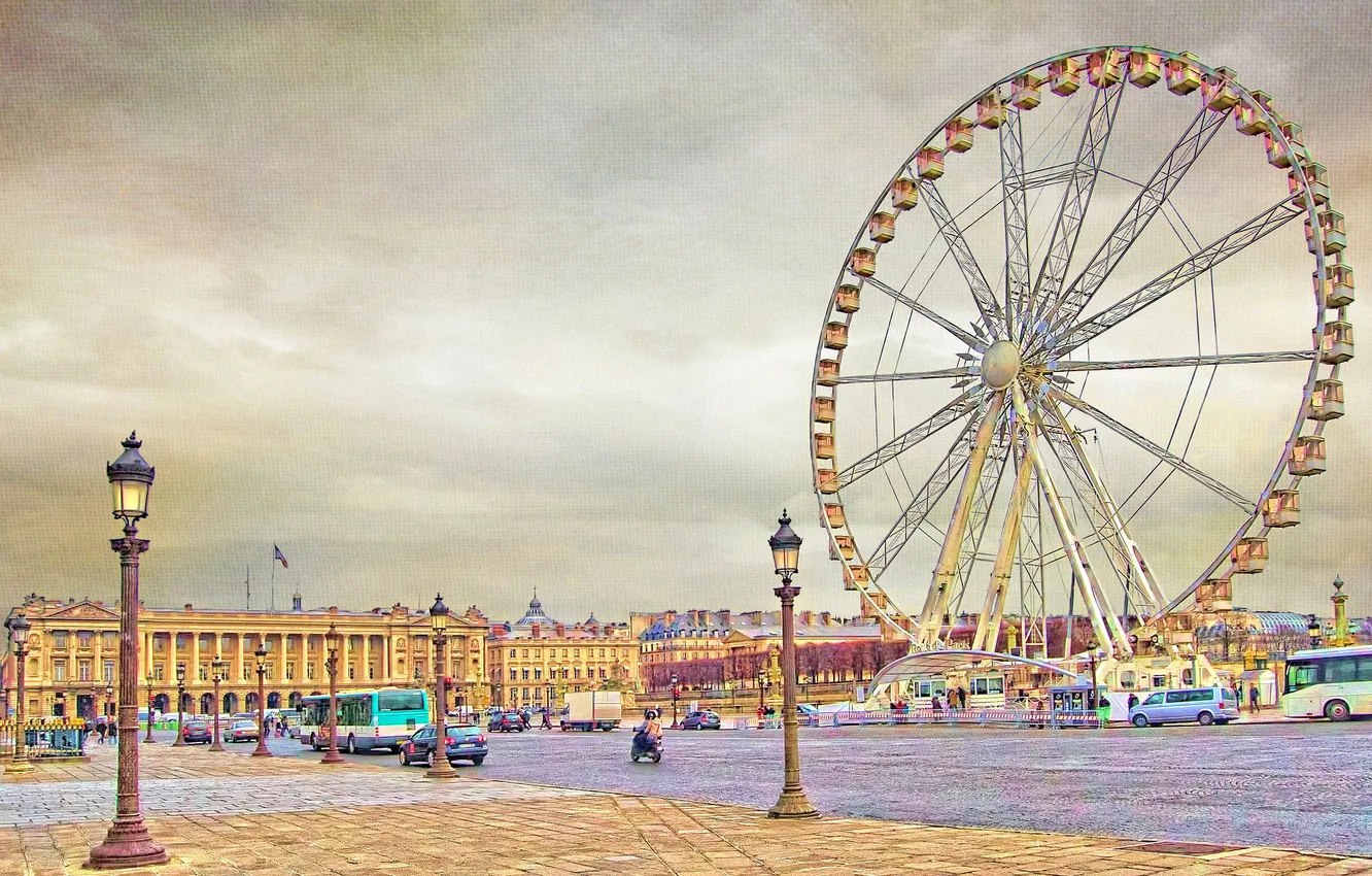 Фото обои Франция, Париж, площадь, фонари, колесо обозрения, дворец