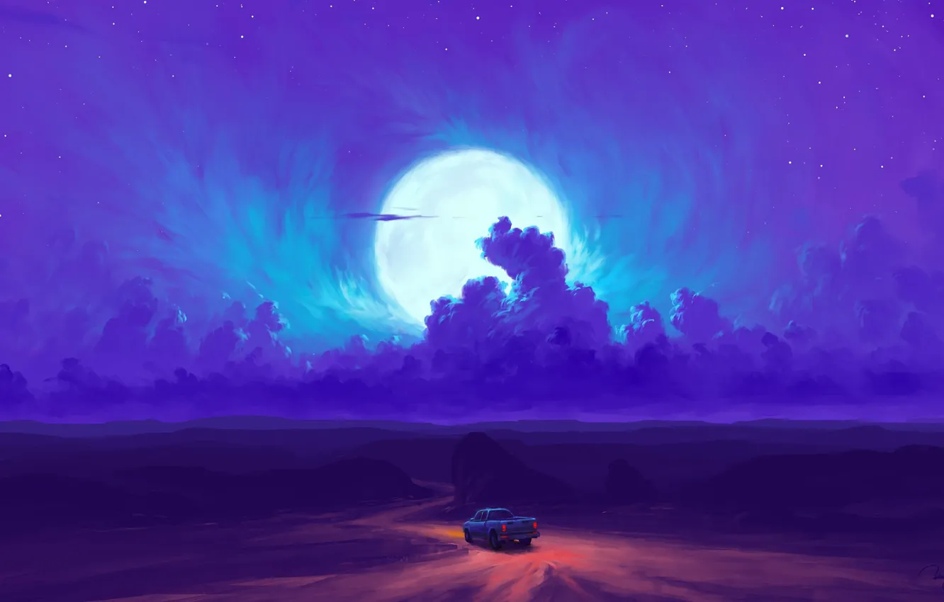 Фото обои car, moon, road, sky, desert, night, art, clouds