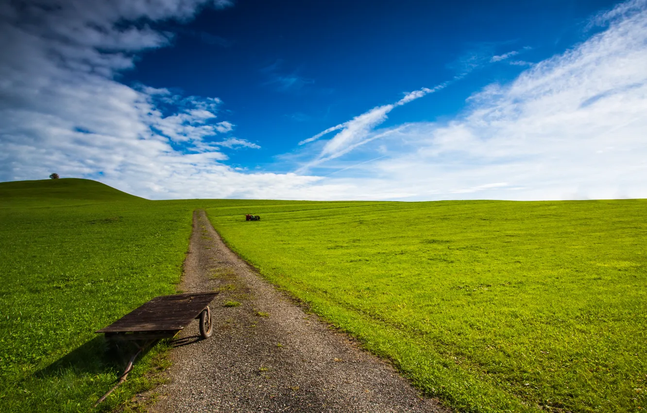 Фото обои дорога, зелень, поле, небо, тачка