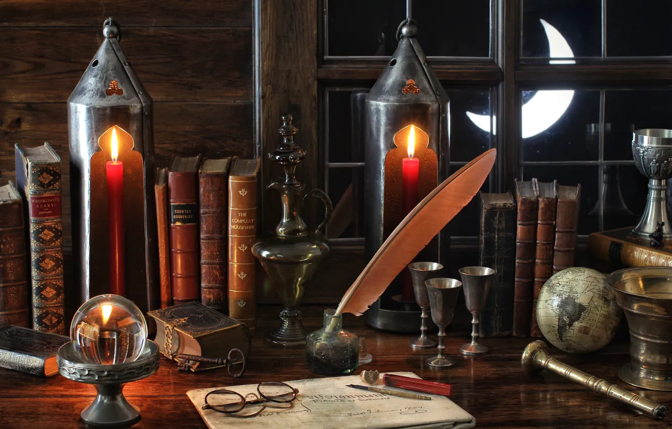 Фото обои перо, книги, месяц, окно, очки, фонари, натюрморт, глобус