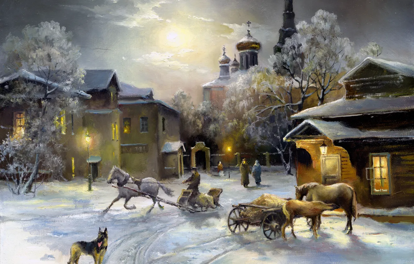 Фото обои небо, свет, снег, окна, собака, лошади, церковь, живопись