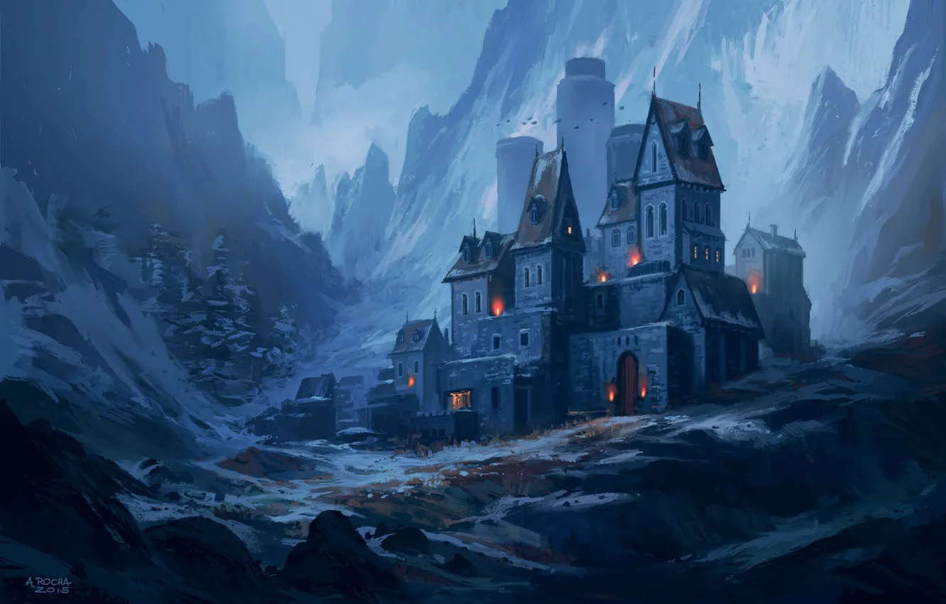 Фото обои lights, fantasy, night, mountains, snow, castle, artist, digital art