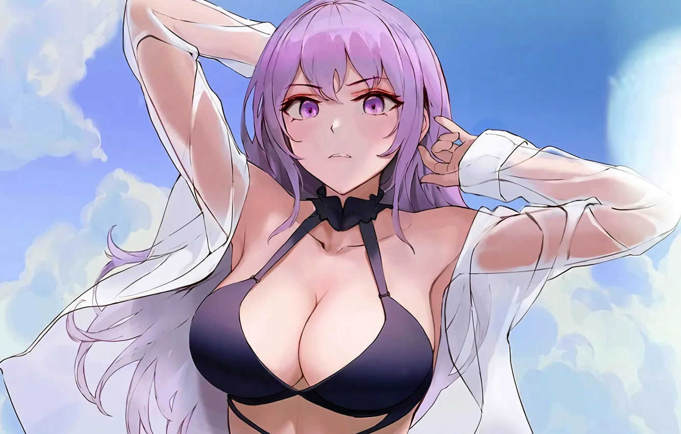Фото обои girl, sexy, cleavage, long hair, boobs, anime, beautiful, purple eyes