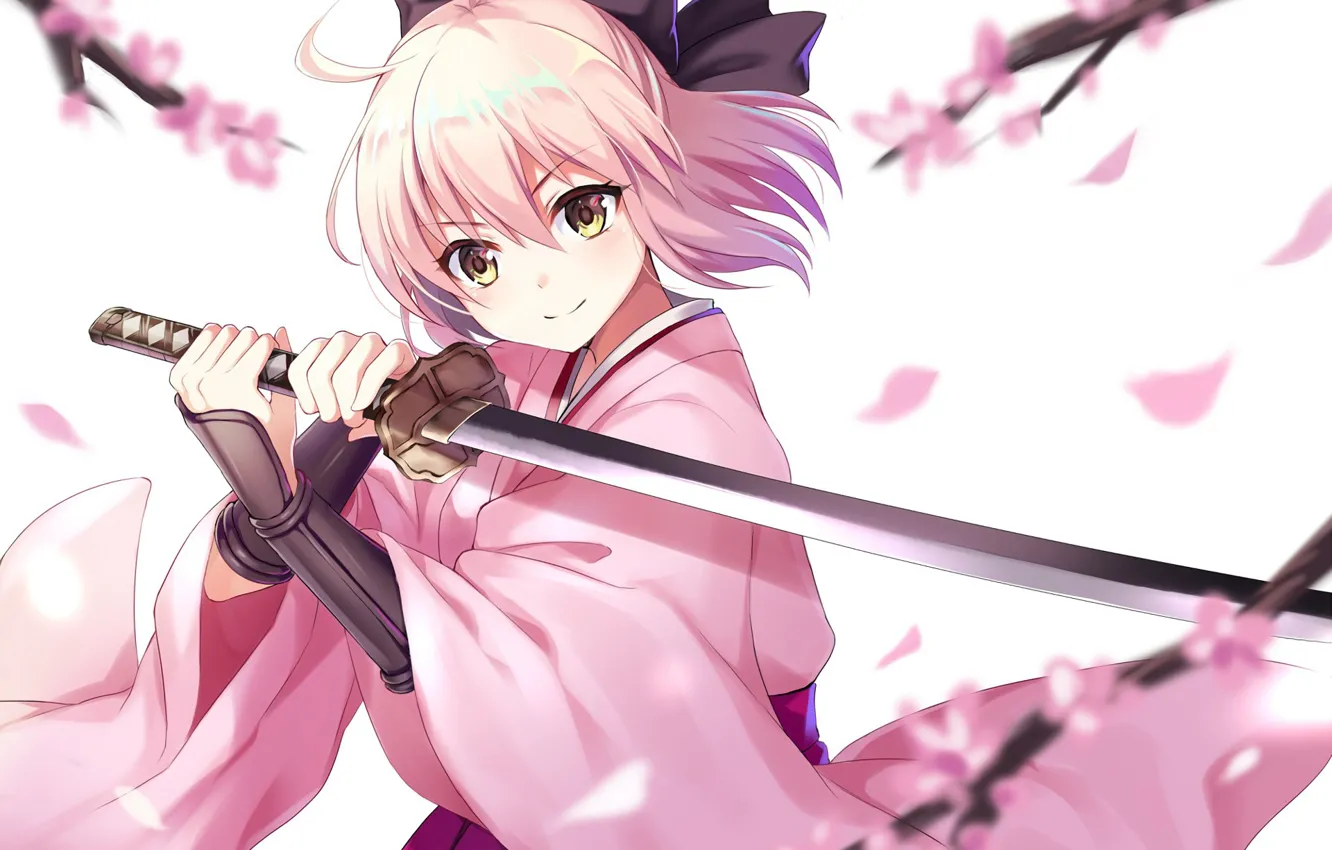 Фото обои girl, sword, pink, anime, katana, sakura, ken, blade