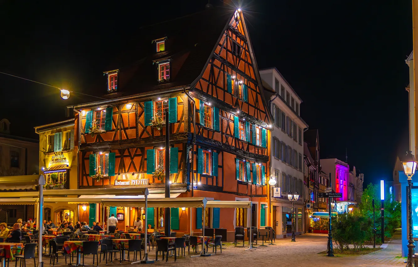 Фото обои Франция, Дома, Вечер, Ночь, Улица, Colmar, Уличные фонари