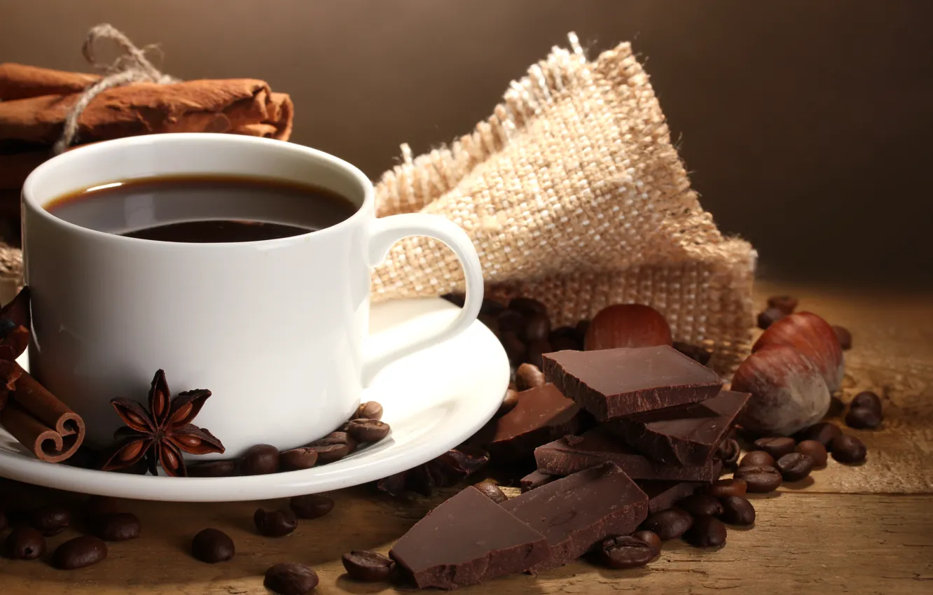 Фото обои кофе, шоколад, зерна, чашка, орехи, корица, coffee, пряности