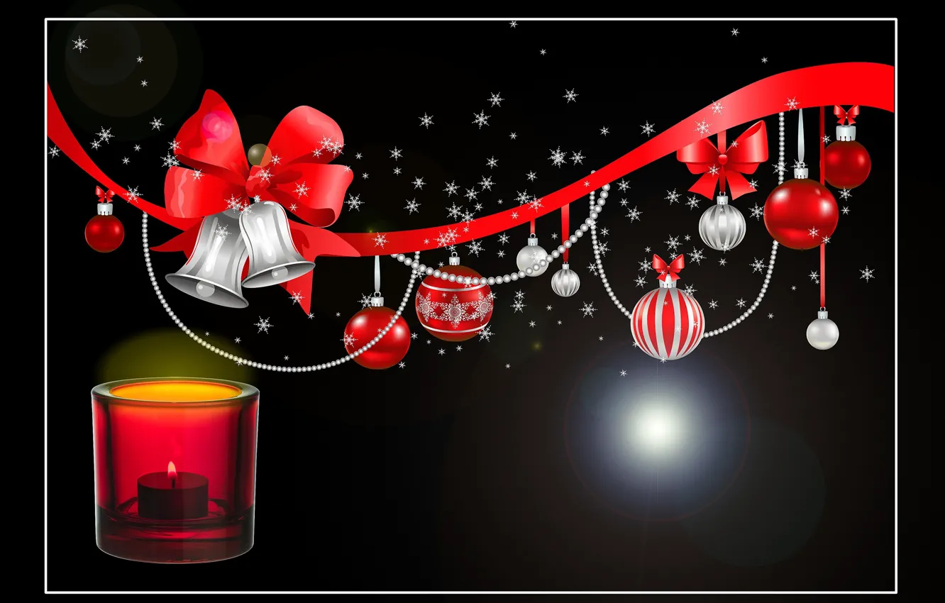 Фото обои шары, графика, свеча, Новый год, бант