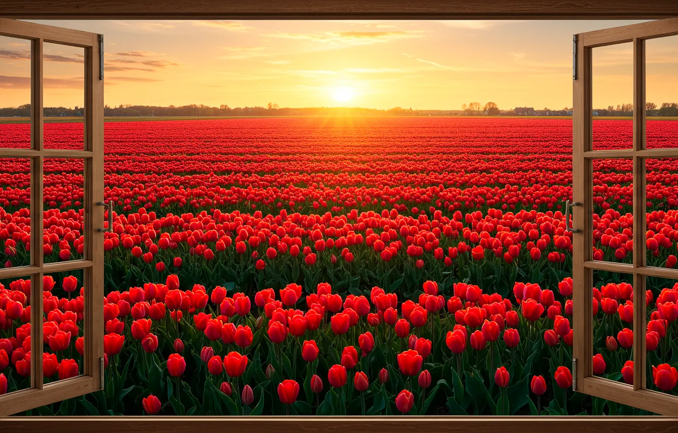 Фото обои поле, окно, арт, тюльпаны, wallpaper, field, art, tulips