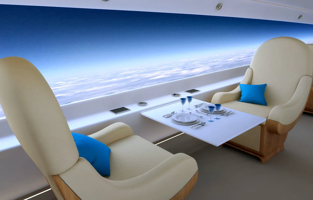Фото обои облака, стиль, стол, высота, кресло, панорама, полёт, самолёт