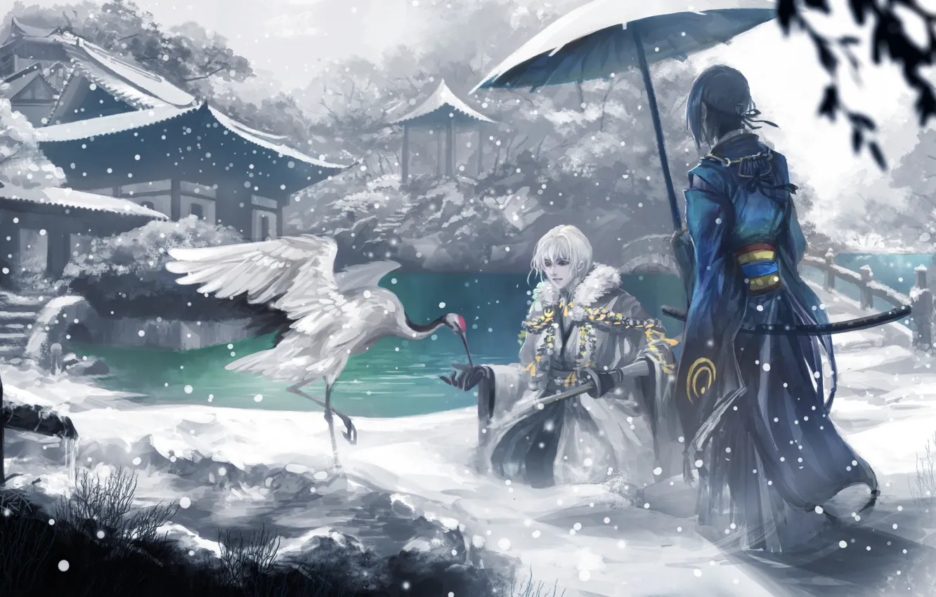 Фото обои зима, снег, дома, арт, аист, мужчины, touken ranbu, tsurumaru kuninaga