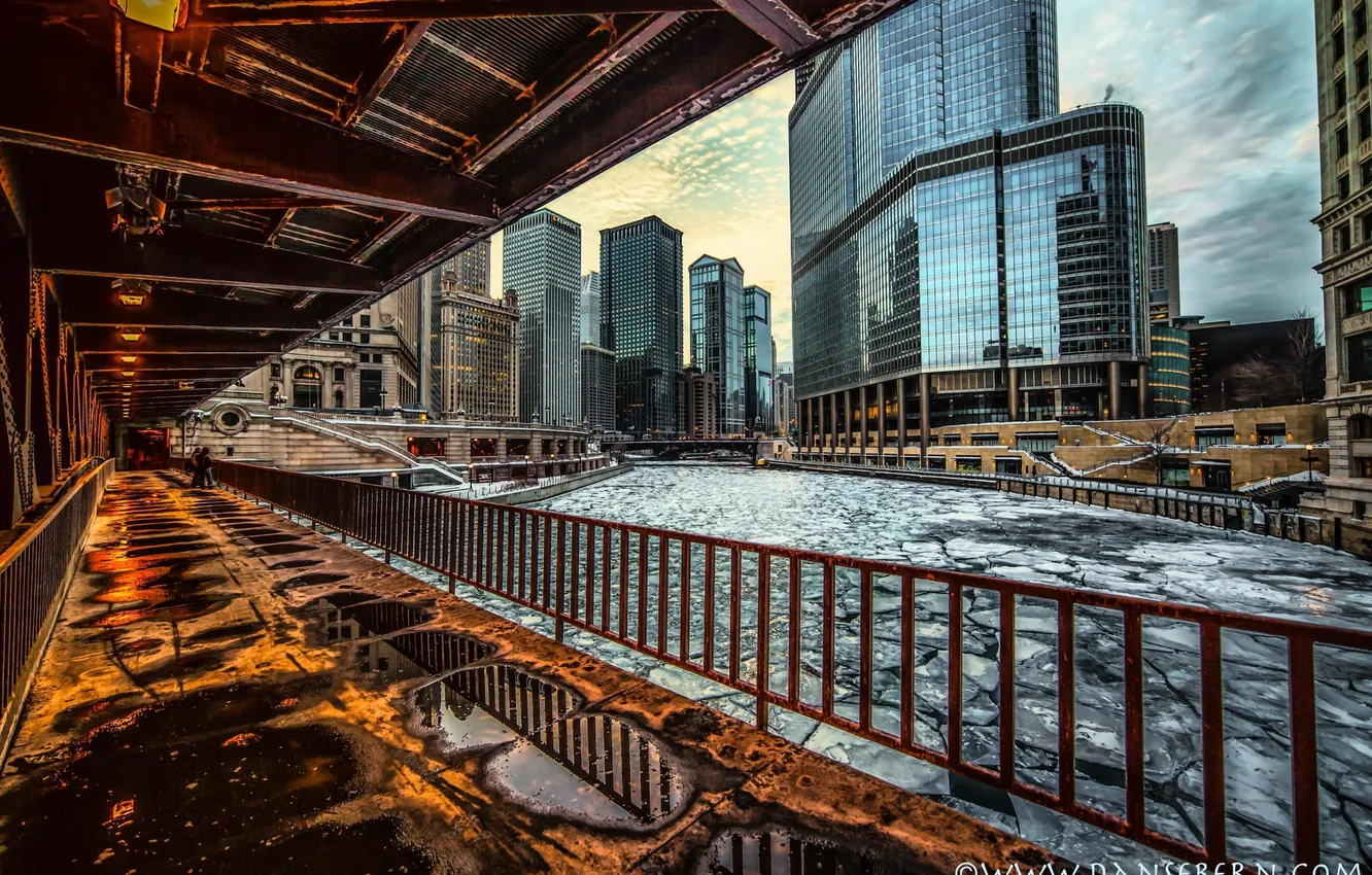 Фото обои зима, огни, река, лёд, небоскребы, вечер, Чикаго, USA
